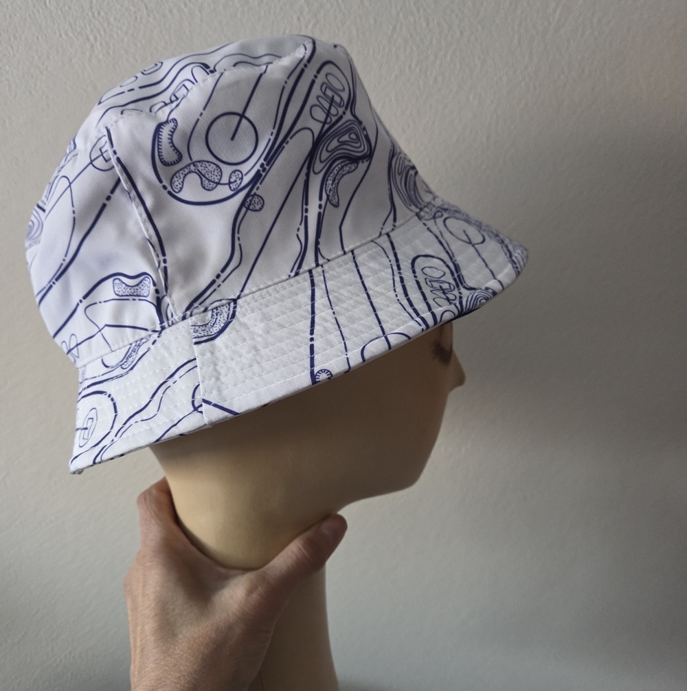 Blue and white topographical golf print bucket hat
